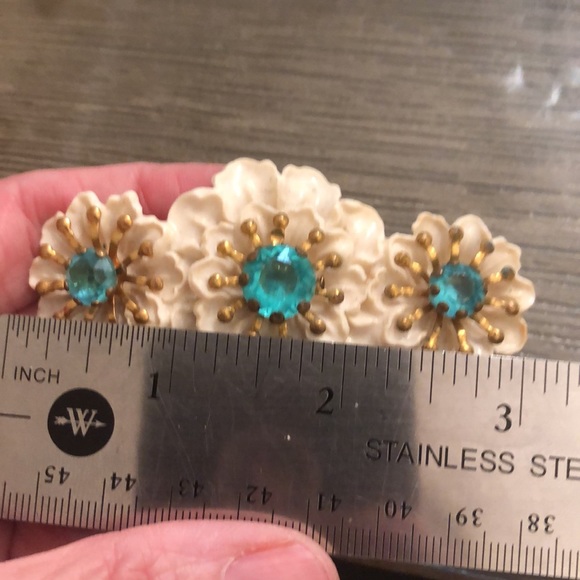 Vintage Celluloid Floral Pin & Clip Earrings Turquoise Gem Center - Picture 9 of 16